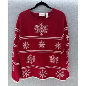 Liz Claiborne Liz Sport Womens XL Red & White Knit Beaded Snow Flake Sweater 90s